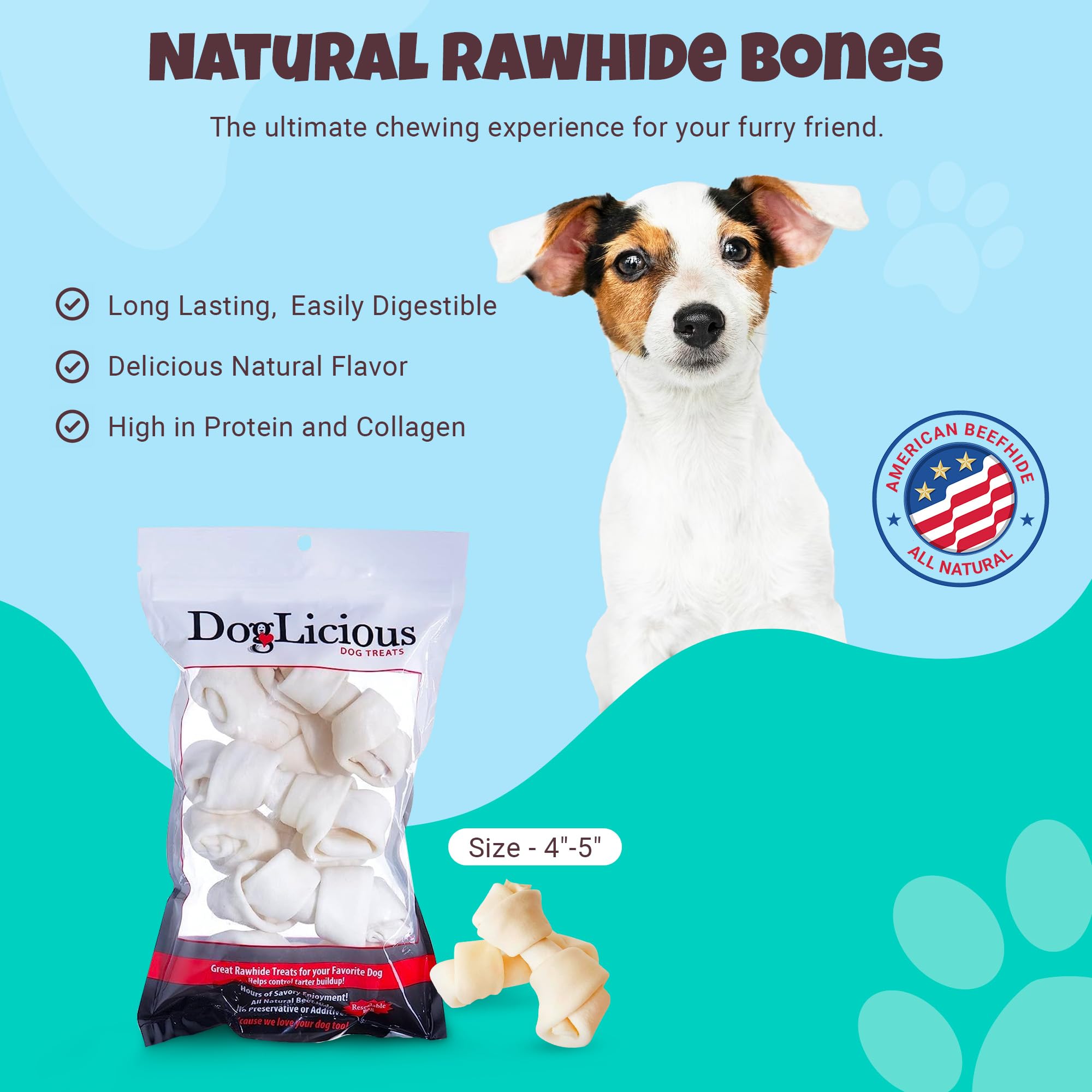 DOG-LICIOUS Dog Natural Rawhide Bones, Dog Chew Treats, Long Lasting Dog Chews, Knotted Bones 4”-5” (50873)