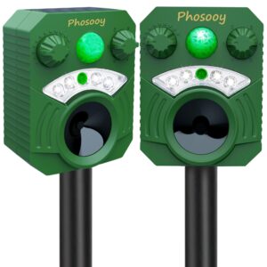 phosooy 2 packs solar ultrasonic animal repeller, waterproof mode-adjustable animal deterrent device with flashing strobe lights to repel cats, dogs, squirrel, rats, skunks, raccoons and deer