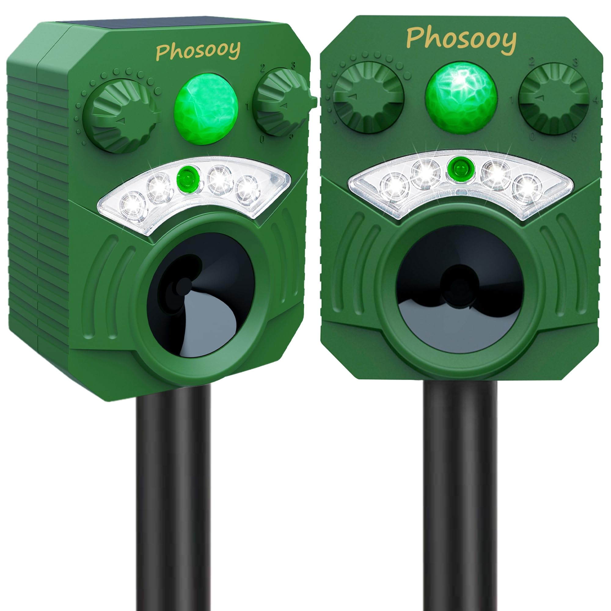 Phosooy 2 Packs Solar Ultrasonic Animal Repeller, Waterproof Mode-Adjustable Animal Deterrent Device with Flashing Strobe Lights to Repel Cats, Dogs, Squirrel, Rats, Skunks, Raccoons and Deer