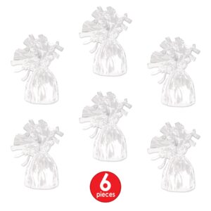 Beistle White Metallic Plastic Wrapped Balloon Weights For Birthday Parties, Weddings, Anniversaries, Table Décor, Celebrating With You Since 1900, 5.5" x 2.5", 6 Piece