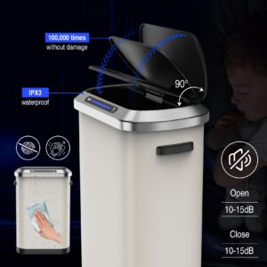 pouseayar 13 Gallon Smart Automatic Trash Can with Lid, Stainless Steel Thickened Body & Super Mute Sensor Lid with 30 Count Garbage Bags for Kitchen Office Bedroom Waste Bin and More - White