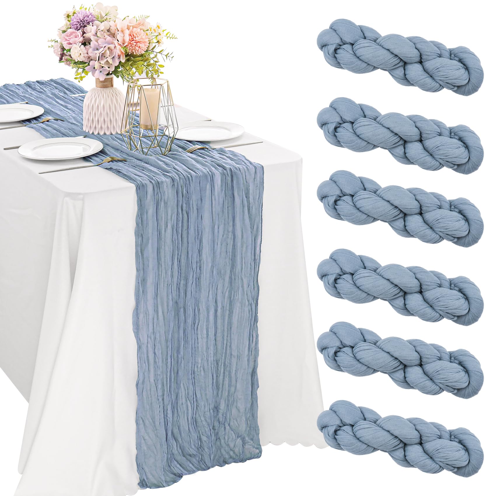 6 Pieces Dusty Blue 10FT Cheesecloth Table Runner Boho Gauze Fabric Table Runner Rustic Sheer Runner for Wedding Birthday Baby Shower Party Boho Table Decoration（Dusty Blue）