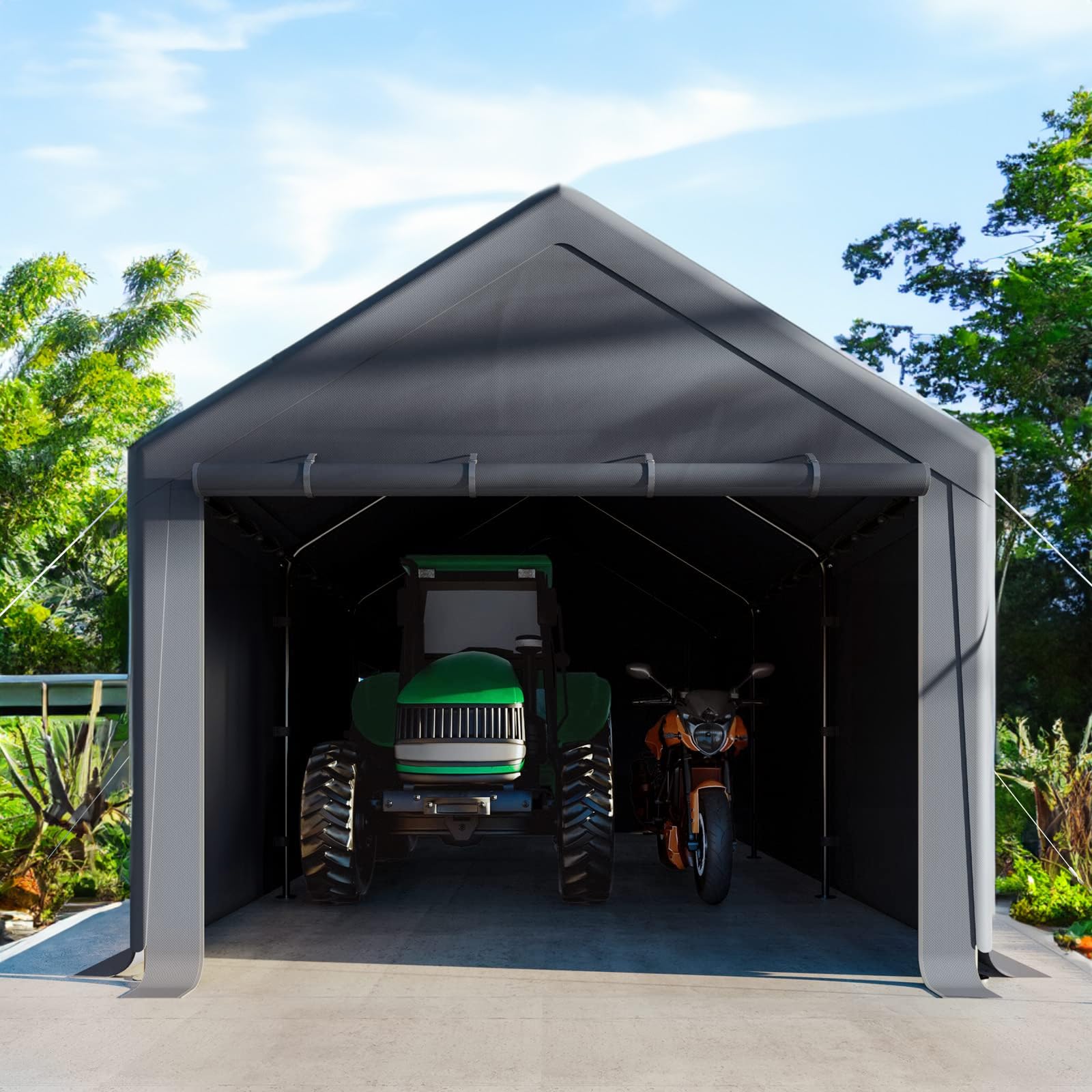 Carport 10x20 Ft Heavy Duty Canopy Steel Canopy Storage Shed,Portable Garage Party Tent,Portable Garage with Removable Sidewalls & Doors All-Season Tarp for Carport (Grey)