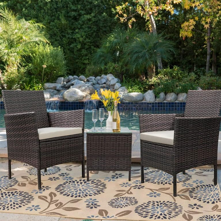 JUMMICO 3 Pieces Patio Furniture Sets Outdoor Patio Chairs set of 2 PE Rattan Wicker Chairs with Table for Garden Porch Lawn Poolside(Brown/Beige)