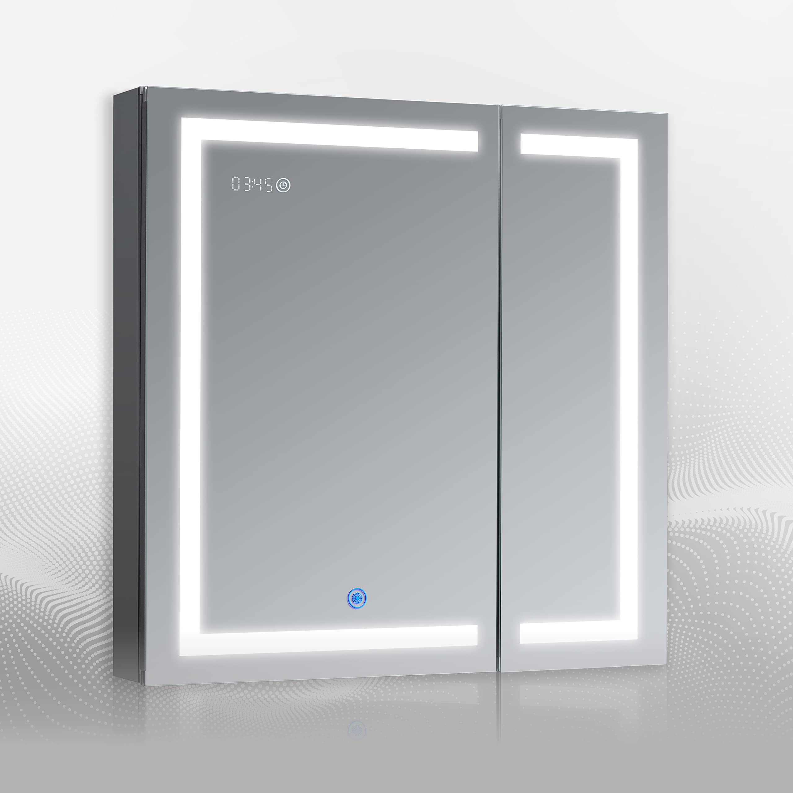 DECADOM LED Mirror Medicine Cabinet Recessed or Surface, Dimmer, Clock, Room Temp Display, Dual Outlets (Duna 30x32)