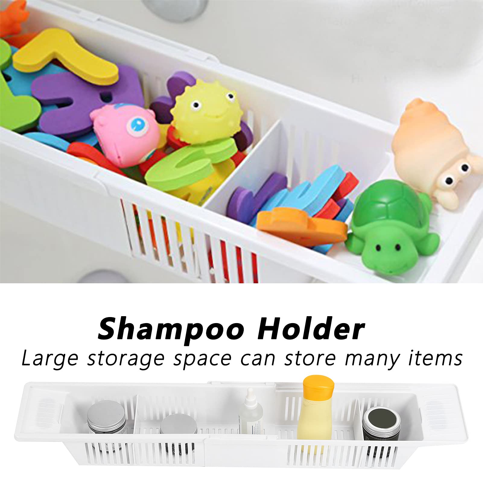 HERCHR Retractable Bathtub Tray, Adjustable Bath Shelf Caddy Tray Plastic Simple Bath Toy Organizer Storage Basket for Shampoo Shower Gel