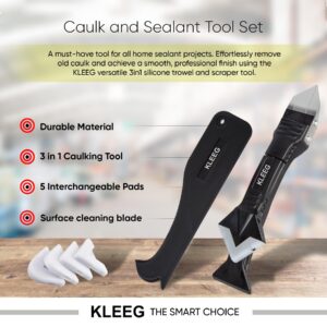 Kit of Gorilla Caulk Sealant 100% Silicone Sealant, 10oz Cartridge, White + KLEEG Caulk Gun + KLEEG Caulking Tool Kit - Dripless Caulking Gun, Caulk Removal Tool, 3in1 Scraper Sealant Tool