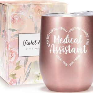 VIOLET & GALE 12oz Wine Glass Tumbler, Rose Gold, Medical Assistant Appreciation Week Gift, Thermal Insulated Coffee Mug with Lid, for Women, MA Graduation, CMA