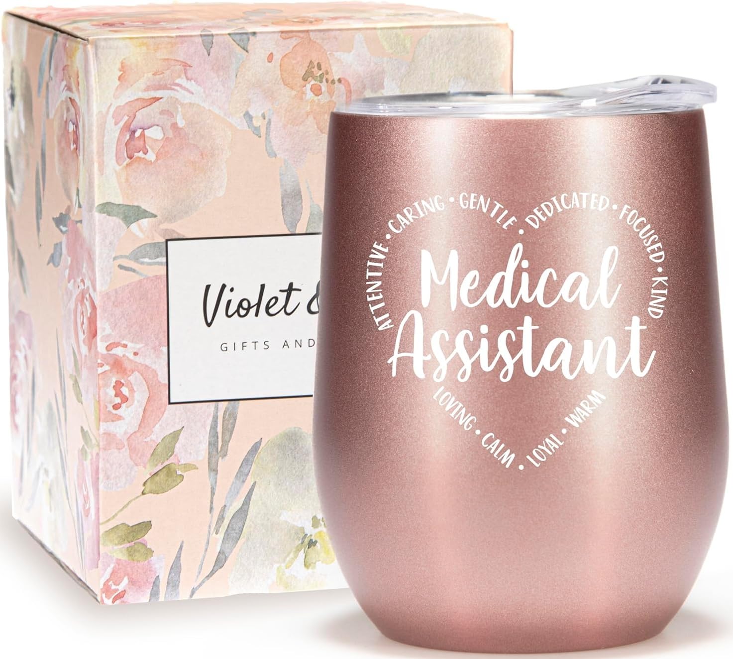 VIOLET & GALE 12oz Wine Glass Tumbler, Rose Gold, Medical Assistant Appreciation Week Gift, Thermal Insulated Coffee Mug with Lid, for Women, MA Graduation, CMA