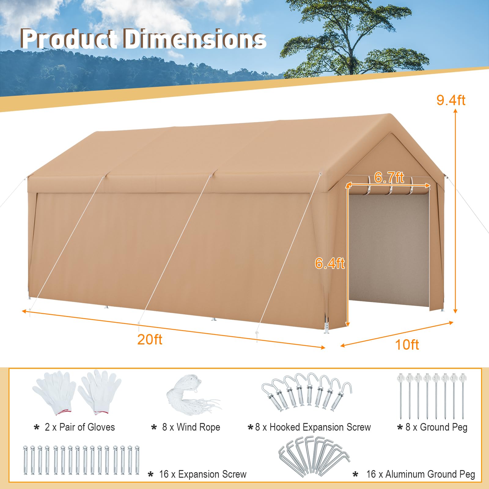 Tangkula 10x20 Ft Heavy-Duty Carport, Portable Garage Tent with Galvanized Steel Frame, Removable Sidewall & 2 Roll-up Zippered Door, Outdoor Car Canopy Shelter for Car, Truck, SUV, Boat