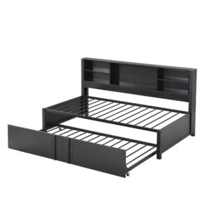 Harper & Bright Designs Twin Bed with Trundle and Storage Bookcase, USB Ports, Solid Wood Platform Bed Frame Twin Size Daybed Sofa Bed for Bedroom Living Room (Twin Size, Black)