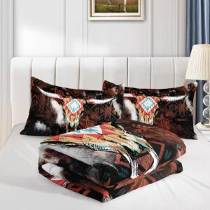 Axolotl Western Boho Bedding Set Queen,Highland Cow Comforter Southwestern Bedding Set,Boho Aztec Comforter Set Western Bedding Set,Cow Print Comforter for Kids Teens Adults,1 Quilt 2 Pillowcases