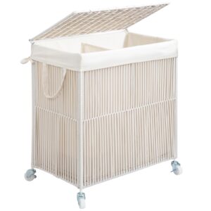 wowlive laundry hamper with wheels, handwoven rolling laundry basket with lid, clothes hamper with divided removable liner bag, 115l large capacity laundry sorter laundry room organization, white