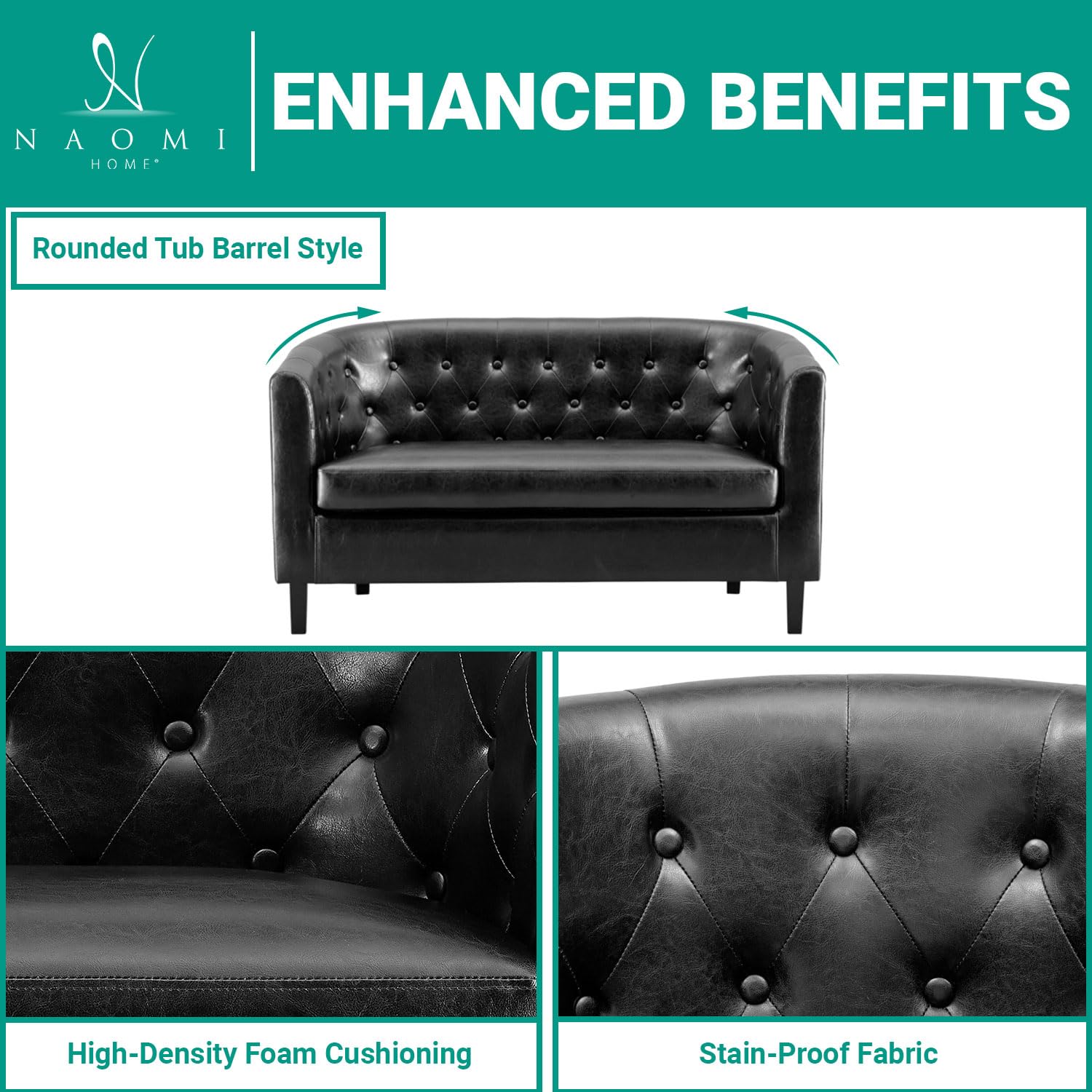 Naomi Home Barrel Love Seat, Button Tufted Faux Leather Barrel Loveseat Sofas, Faux Leather couches, Small Loveseats for Small Spaces, Bedrooms, Love Seat Couches for Living Room - Black