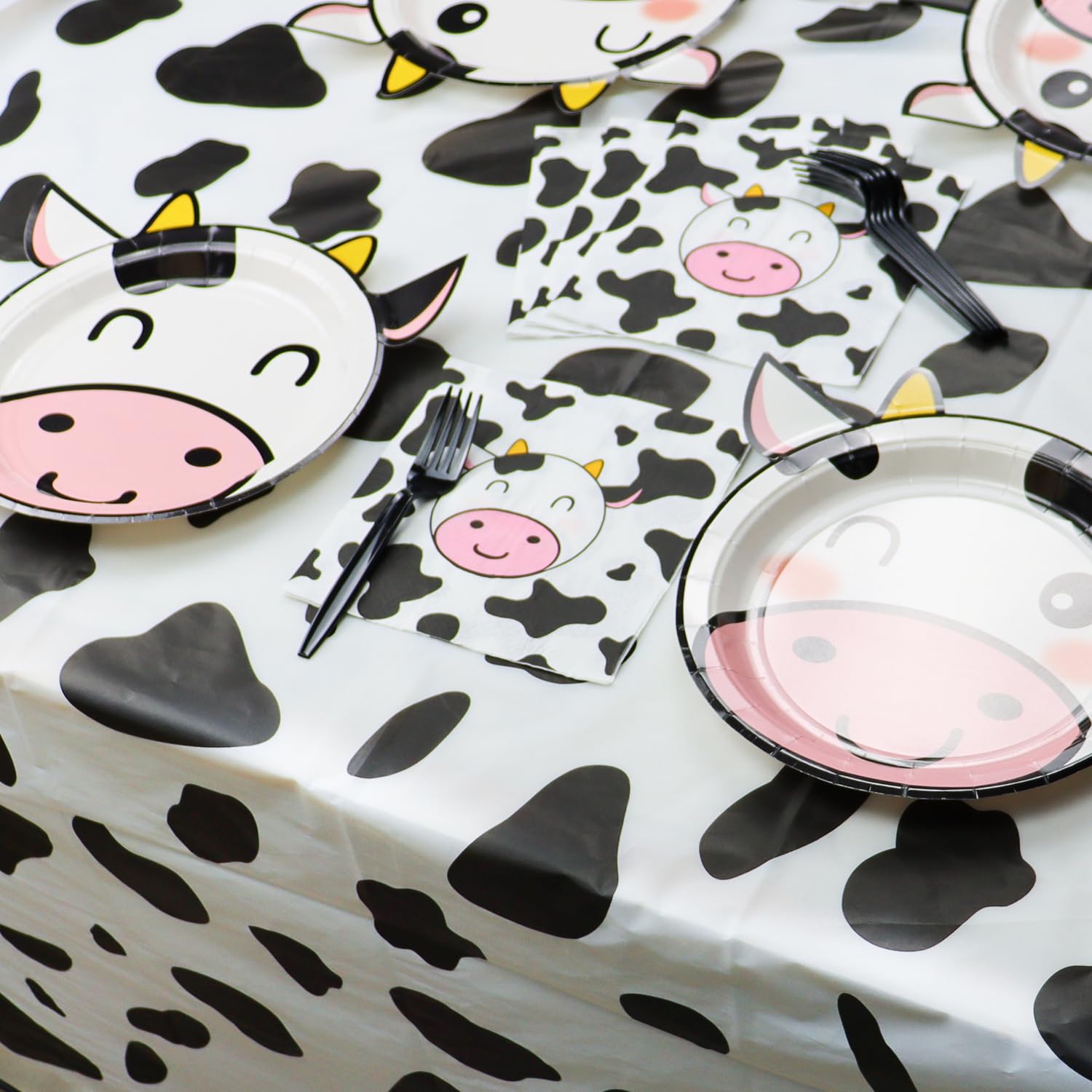 81 Pcs Cow Print Party Supplies, 40 Pcs Cow Shape Party Plates, 20 Cow Pattern Napkins, 20 Pcs Forks, 1 Pcs Cow Print Table Cover for Girl Boy Kid Birthday, Baby Shower, Farm Animal Theme Party