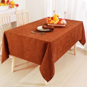 Smiry Thanksgiving Tablecloth 60x84 Inch, Fall Waterproof Damask Table Cloth for Rectangle Table, Autumn Leaves Fabric Jacquard Table Covers for Harvest Parties, and Holiday Dinner, Rust