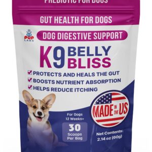 Pup Labs K9 Belly Bliss, All-Natural Gut Health for Dogs, Vet Approved Prebiotic for Dogs for Daily Digestive Support and Dog Constipation Relief, Easy to Use Topper for Dry and Wet Food, 30 Scoops.