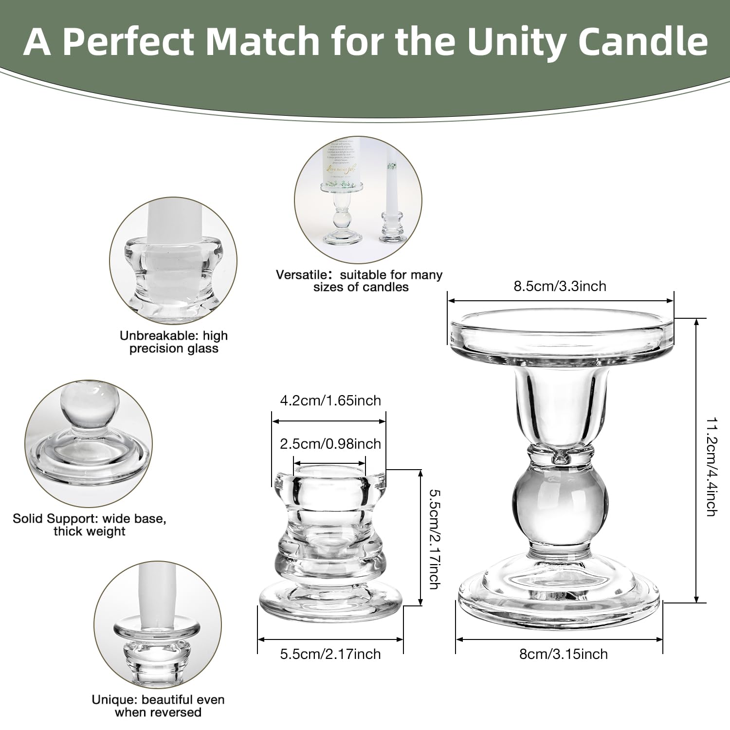 Extrogif 3 Unity Wedding Candles Set with Candle Holder for Ceremony Set, Glass Candlesticks and Pillar Taper Candles - Catholic Bible Religious Weddings Accessories