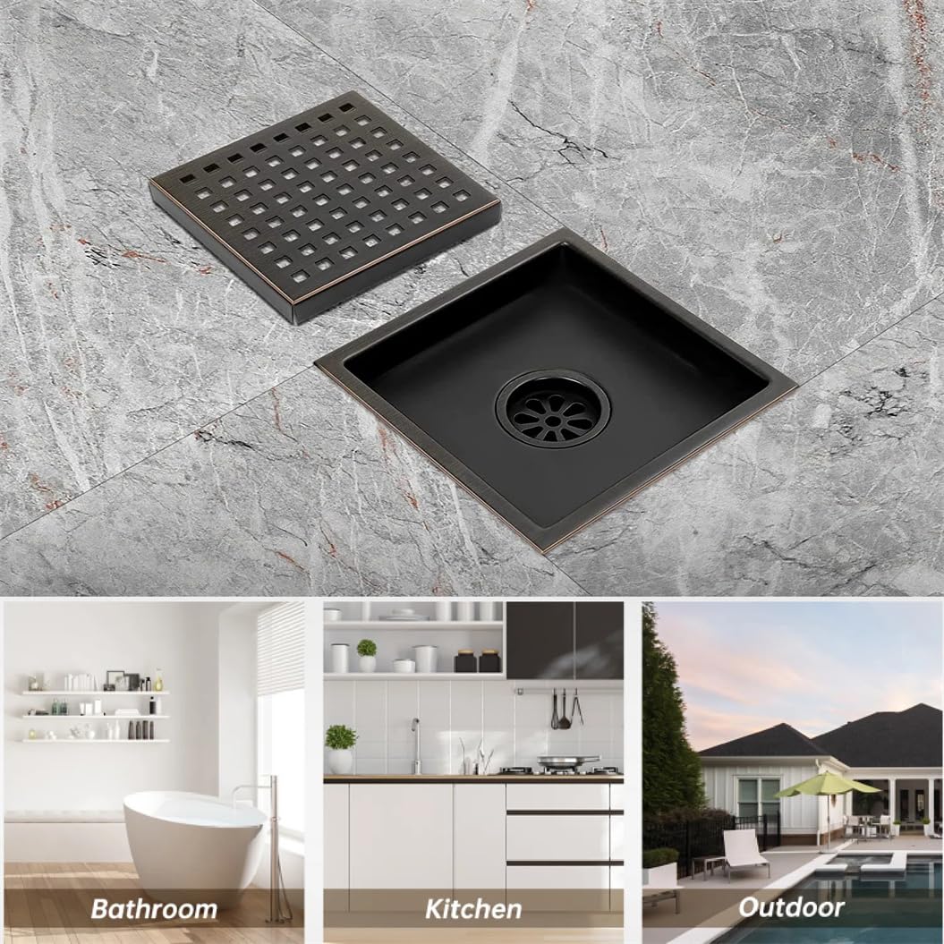 ELLO&ALLO Shower Floor Drain with Flange,Quadrato Pattern Grate Removable 6 Inch Square, SUS 304 Stainless Steel, Matte Black