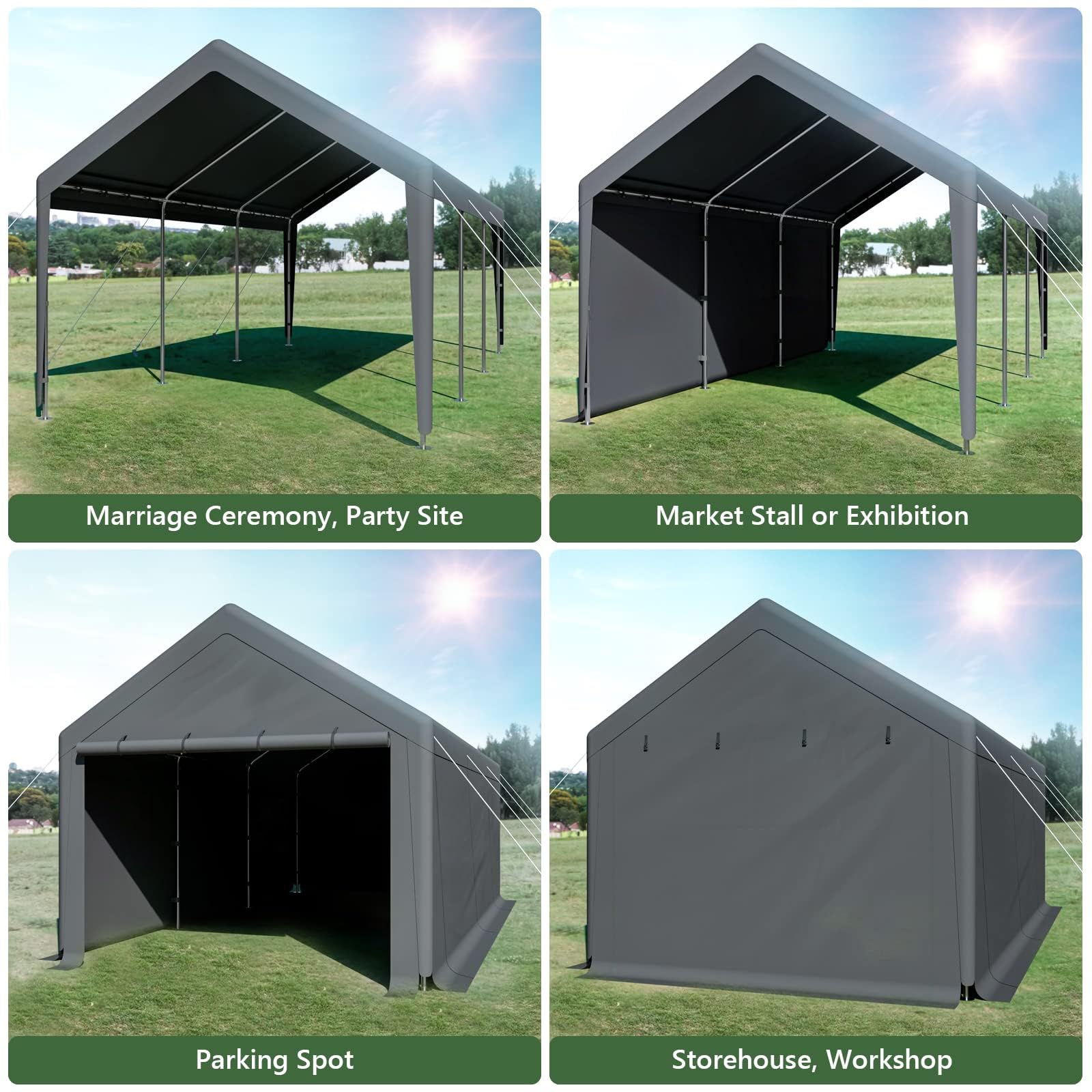 Carport 10x20 Ft Heavy Duty Canopy Steel Canopy Storage Shed,Portable Garage Party Tent,Portable Garage with Removable Sidewalls & Doors All-Season Tarp for Carport (Grey)