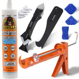 kit of gorilla caulk sealant 100% silicone sealant, 10oz cartridge, white + kleeg caulk gun + kleeg caulking tool kit - dripless caulking gun, caulk removal tool, 3in1 scraper sealant tool