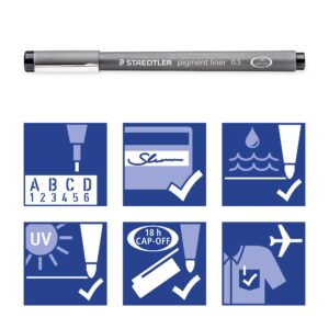 STAEDTLER Pigment Liner Pack, Black, 8 Pens, Assorted Line Widths, 0.05mm, 0.1mm, 0.2mm, 0.3mm, 0.5mm, 0.8mm, 1.0mm, 1.2mm