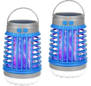 solar bug zapper outdoor waterproof mosquito zapper for patio home camping, 3 in 1 cordless mosquito light killer portable small bug zapper - camping light, mosquito killer, flashlight - blue, 2 pcs