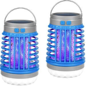 Solar Bug Zapper Outdoor Waterproof Mosquito Zapper for Patio Home Camping, 3 in 1 Cordless Mosquito Light Killer Portable Small Bug Zapper - Camping Light, Mosquito Killer, Flashlight - Blue, 2 PCS