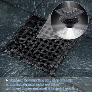 ELLO&ALLO Shower Floor Drain with Flange,Quadrato Pattern Grate Removable 6 Inch Square, SUS 304 Stainless Steel, Matte Black