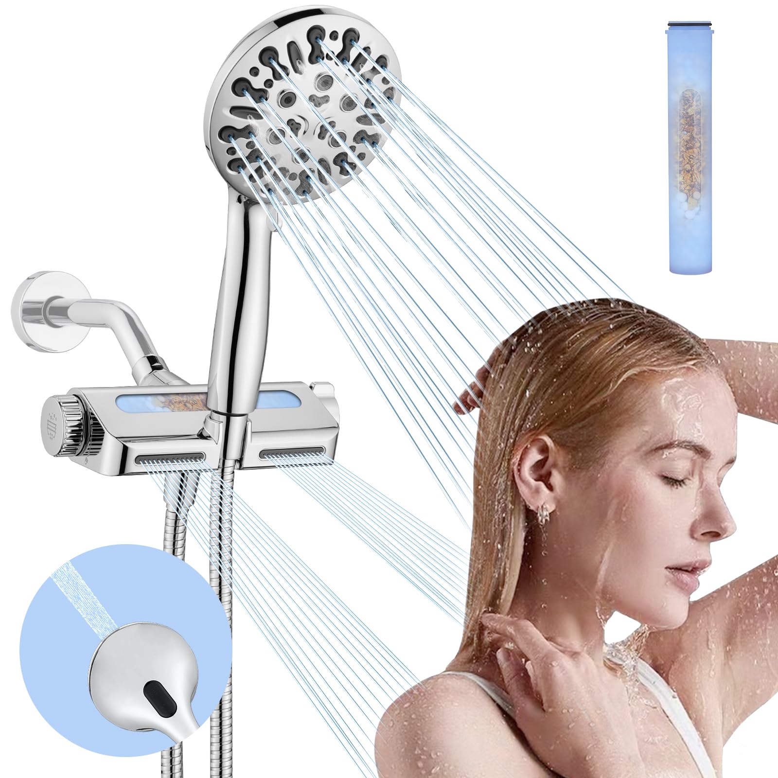 HEROBAI Filtered Shower Head with Handheld Combo, Hard Water Filter Shower Head with 9 Shower Modes, Dual Shower Heads High Pressure, Shower Filters to Remove Chlorine and Fluoride (Chrome)