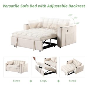 P PURLOVE Convertible Sleeper Sofa Bed, Velvet Loveseat Sofa Couch, Adjustable Backrest, Pull-Out Bed with Cup Holder and USB Port for Living Room or Apartments (Milky White)