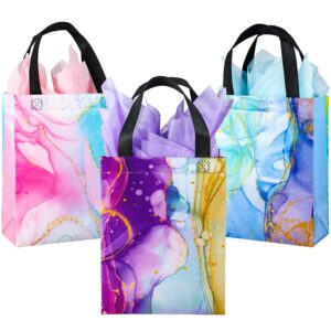 pinwatt 18pcs reusable medium gift bags with handles, 10.2" x 7.8" x 4" - colorful marble party favor bags with tissues for birthday parties, anniversary, shopping.