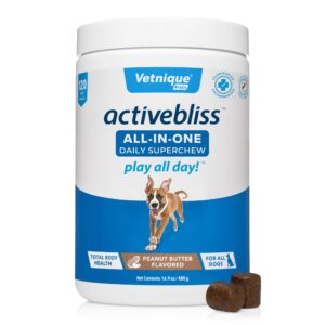 vetnique activebliss dog multivitamin - daily treat with glucosamine, omega 3, digestive enzymes & probiotics for joint, digestive, & immune support - vet recommended dog vitamins for optimal health