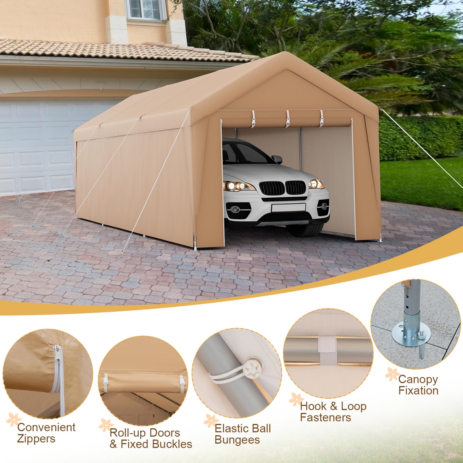 Tangkula 10x20 Ft Heavy-Duty Carport, Portable Garage Tent with Galvanized Steel Frame, Removable Sidewall & 2 Roll-up Zippered Door, Outdoor Car Canopy Shelter for Car, Truck, SUV, Boat