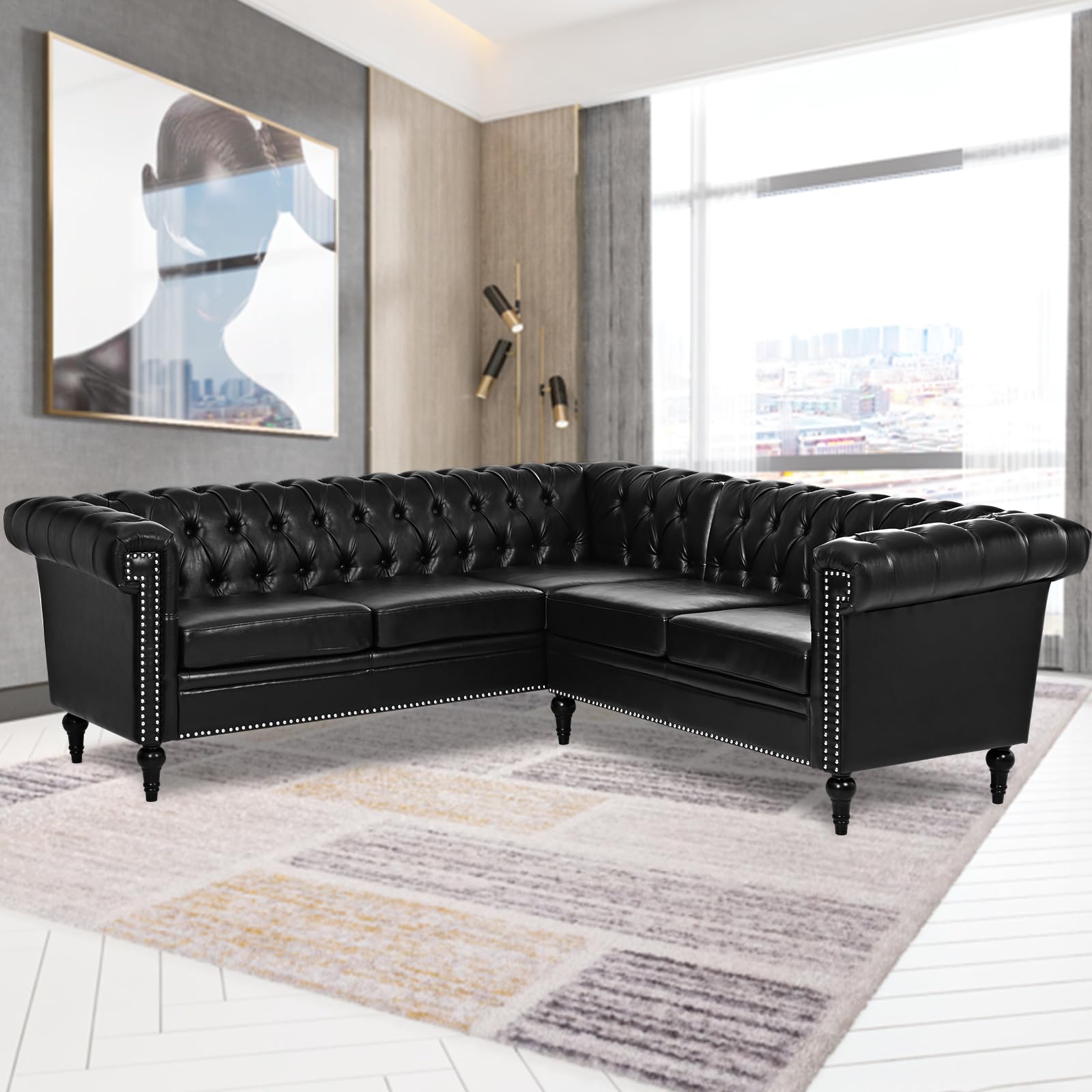 Vaztrlus Chesterfield L-Shaped Faux Leather Sectional Sofa， Modern, Large Corner Couch for Living Room with Modular Button Design. Five-Seater Sofas (Black