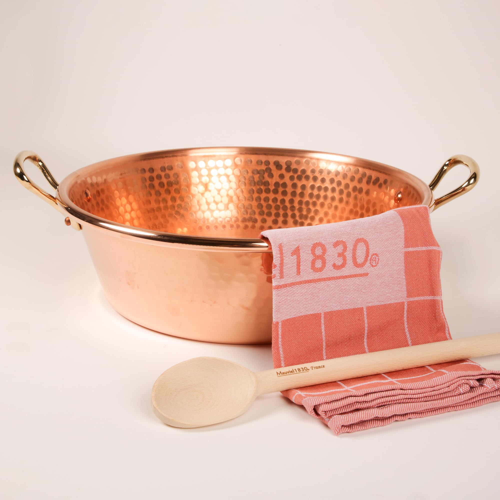 Mauviel M'Passion Hammered Copper 3-Piece Jam Pan Set With 9.4-Qt Jam Pan W/Brass Handles, Kitchen Towel & Wooden Spoon, Made In France