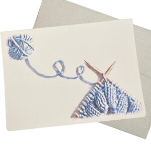 knitting greeting card with envelope (7x5 inches, blank inside for all occasions) for birthday, get well, thank you, and thinking of you (blue - 233)