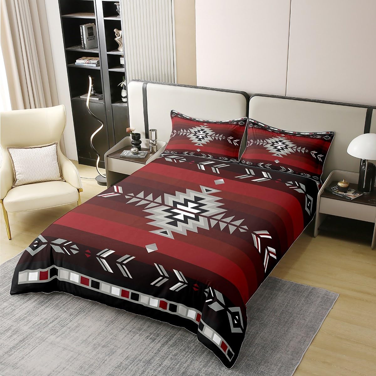 King Size 100% Cotton Southwest Native Design Duvet Cover Southwestern Geometric Bedding Set Ultra Soft Tribal Comforter Cover Set Red Grey Bedspread Cover Room Decor Bedclothes Zipper