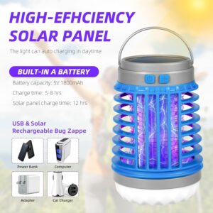 Solar Bug Zapper Outdoor Waterproof Mosquito Zapper for Patio Home Camping, 3 in 1 Cordless Mosquito Light Killer Portable Small Bug Zapper - Camping Light, Mosquito Killer, Flashlight - Blue, 2 PCS