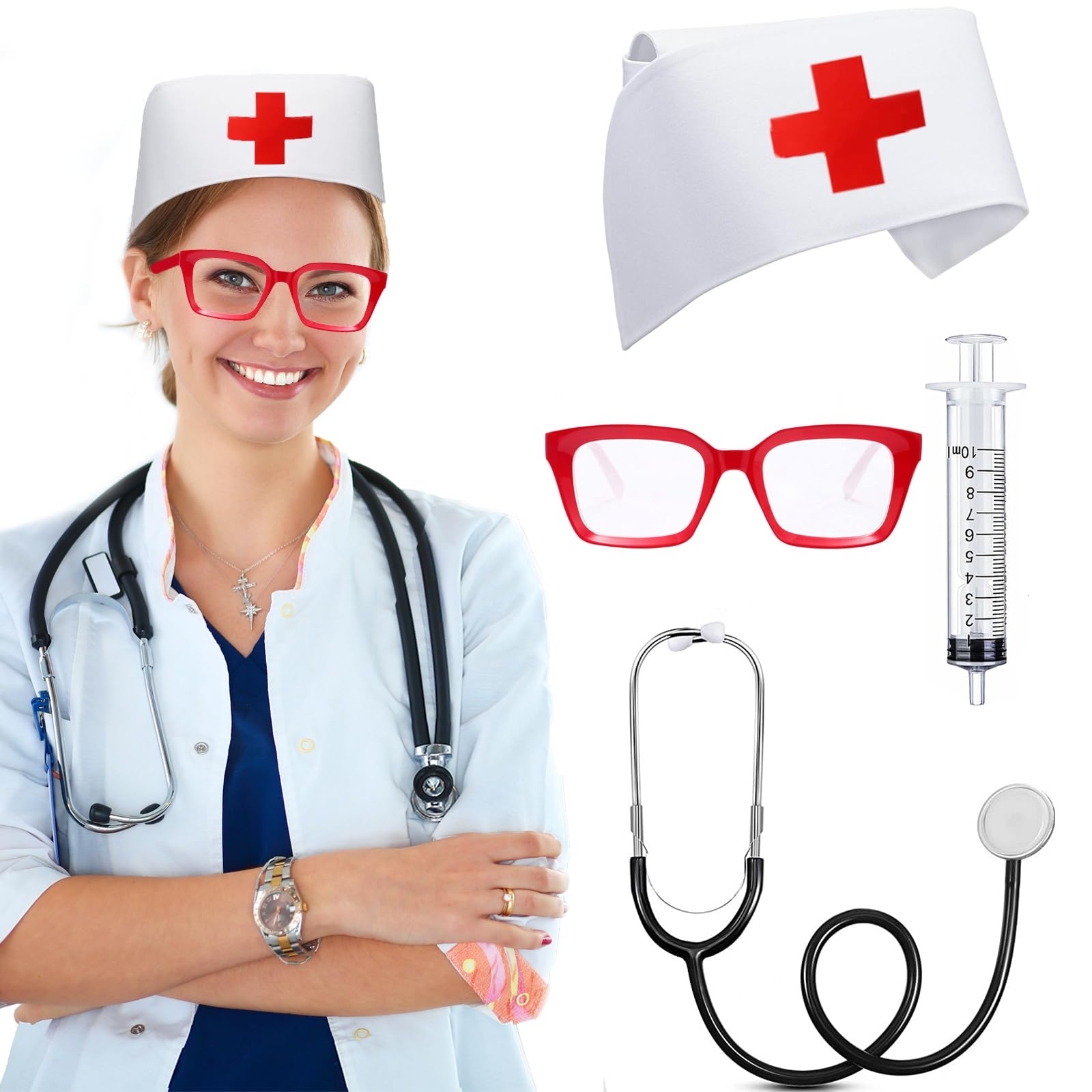 Halloween Costume Accessory,4Pcs Nurse Costume Set Sexy Halloween Cosplay Role Play Party Fancy Dress(Include Nurse Hat Headband and3pcs Accessories)