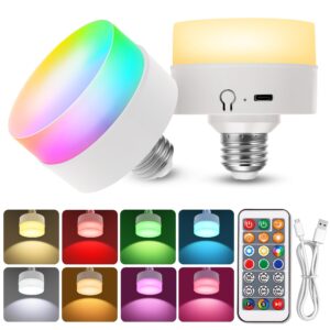 rechargeable battery operated light bulb [2 pack], bright rechargeable light bulbs, 3600mah, 110lm, e26 socket, multiple colors, remote control puck emergency lamp,timer,dimmer,for non-hardwired