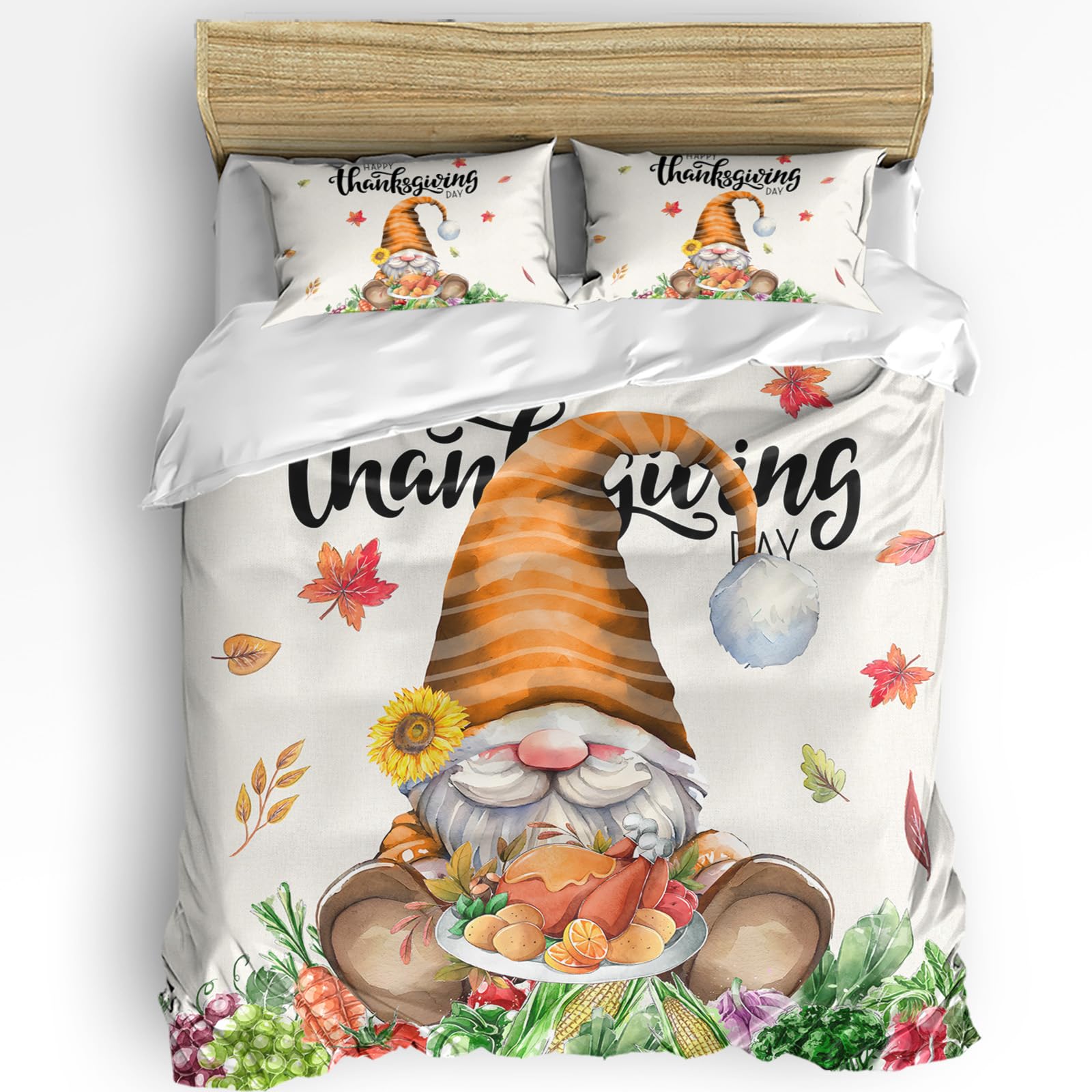 Thanksgiving Turkey Day 3 Pieces Duvet Cover Set, Washed Microfiber Bed Comforter Duvet Cover Cal King with 2 Pillowcases, Zipper & Ties Quilt Duvet+Cover Fall Gnomes Harvest Acorn Sunflower