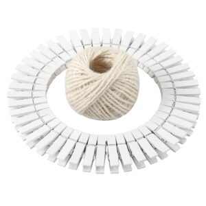 hstech 100 pcs white mini natural wooden clothespins and 82 ft jute twine, baby clothes pins, 3.5 cm craft photo clips for home school arts crafts decor, diy decoration's, arts and crafts, weddings