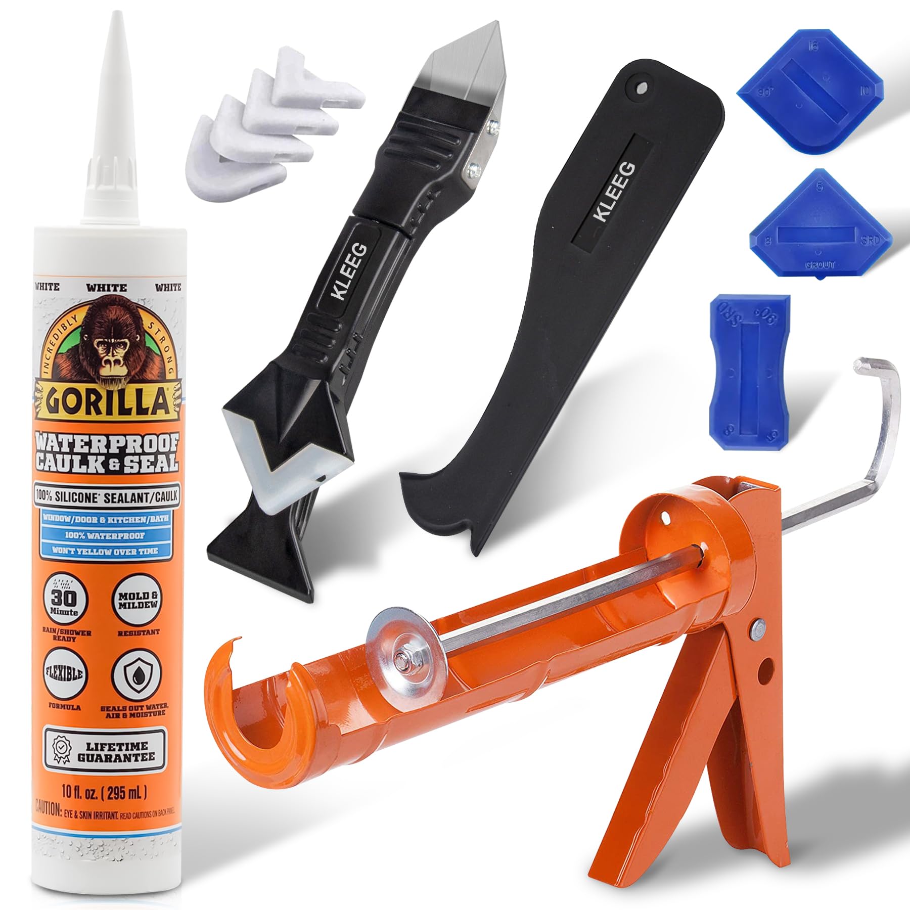 Kit of Gorilla Caulk Sealant 100% Silicone Sealant, 10oz Cartridge, White + KLEEG Caulk Gun + KLEEG Caulking Tool Kit - Dripless Caulking Gun, Caulk Removal Tool, 3in1 Scraper Sealant Tool