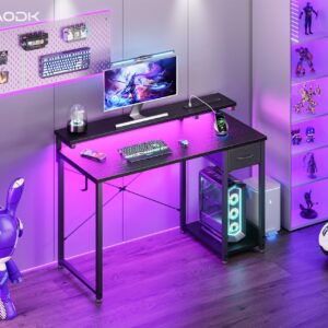 AODK Gaming Desk with LED Lights & Power Outlet, 40 Inch Computer Desk with Drawer, Reversible Desk with Adjustable Monitor Shelf & Headphone Hook for Home Office, Black