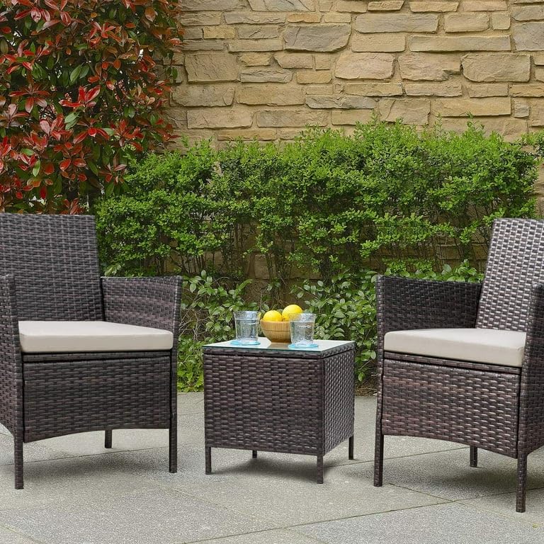 JUMMICO 3 Pieces Patio Furniture Sets Outdoor Patio Chairs set of 2 PE Rattan Wicker Chairs with Table for Garden Porch Lawn Poolside(Brown/Beige)