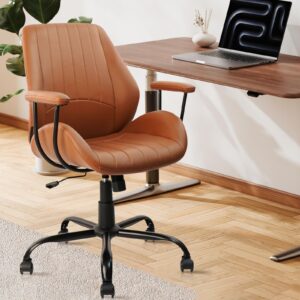 clatina ergonomic home office chair pu leather desk chair with wheels, mid century modern swivel rolling computer task chair with armrests and lumbar support, brown 400lbs