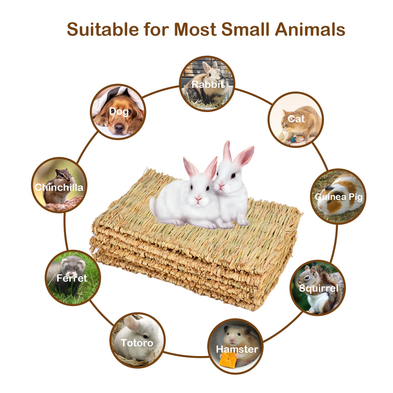 MUYG Rabbit Grass Mat,Grass Mats for Rabbits Bunny Natural Straw Woven Bed Small Animal Hay Matt Sleeping, Chewing, Nesting and Toys for Guinea Pig Hamster and Rat Bed Mat (6 Pcs)