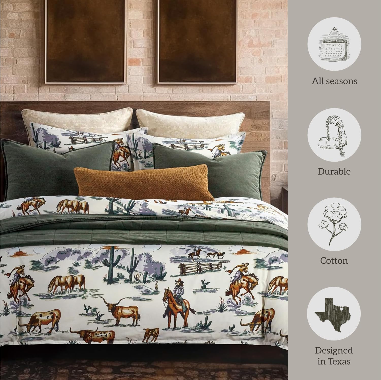 Paseo Road by HiEnd Accents Ranch Life Western Bedding 3 Piece Queen Duvet Cover Set, Cotton Cowboy Longhorn Horse Print Western Bed Set, Rustic Southwestern Comforter Cover Set with Pillow Shams