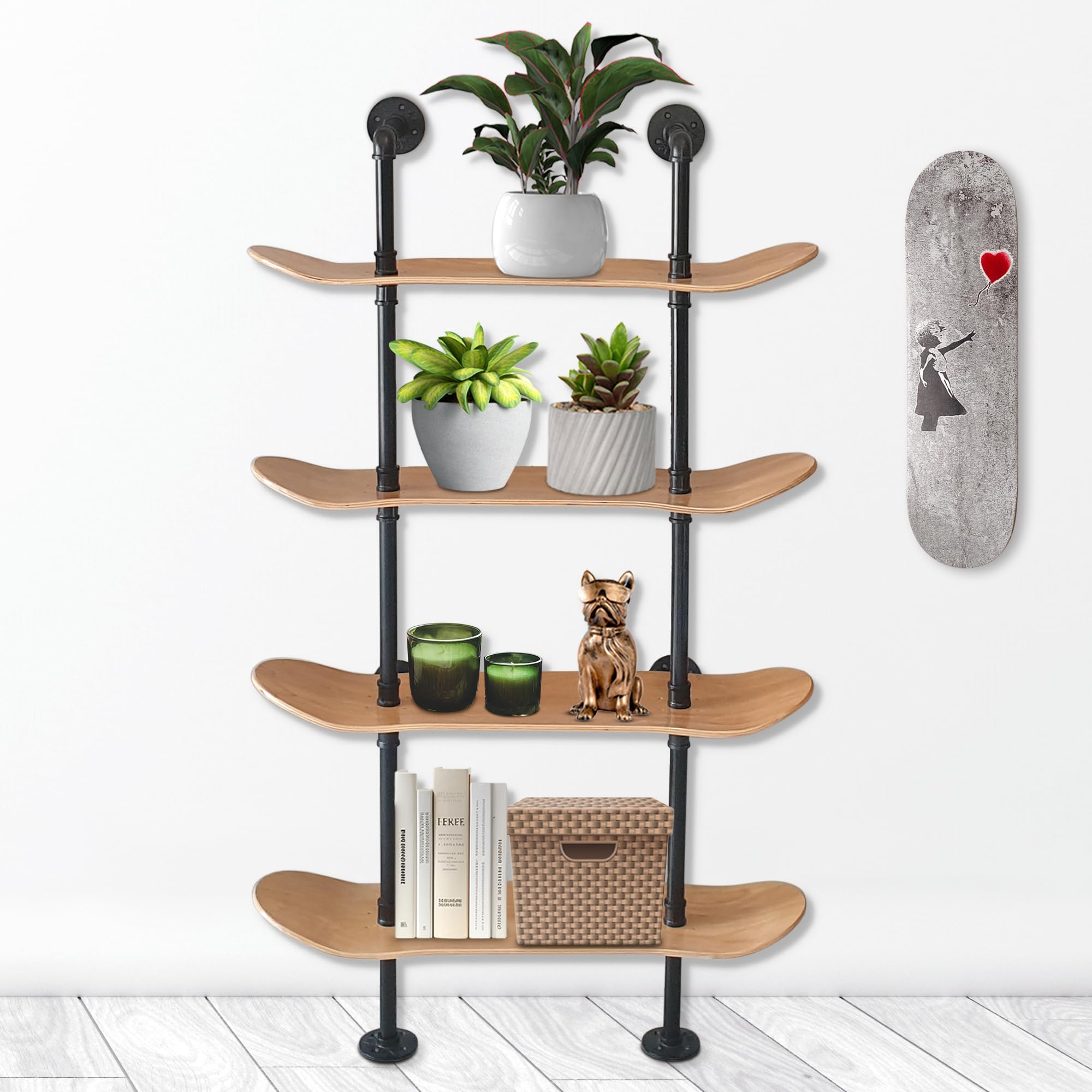 Industrial Shelves - 4 Tier Industrial Decor Pipe Bookcase Using 7 Ply Skateboard Decks - Natural Wood Stain Finish - Perfect Bathroom Wall Decor, Book Shelf for Skateboard Enthusiasts